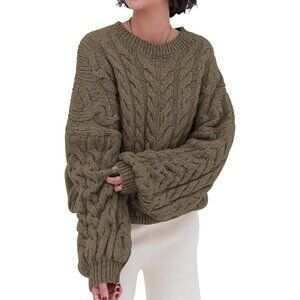 Women Brown Coffee Spring Fall Cable Knit Long Sleeve Crewneck Oversized Sweater